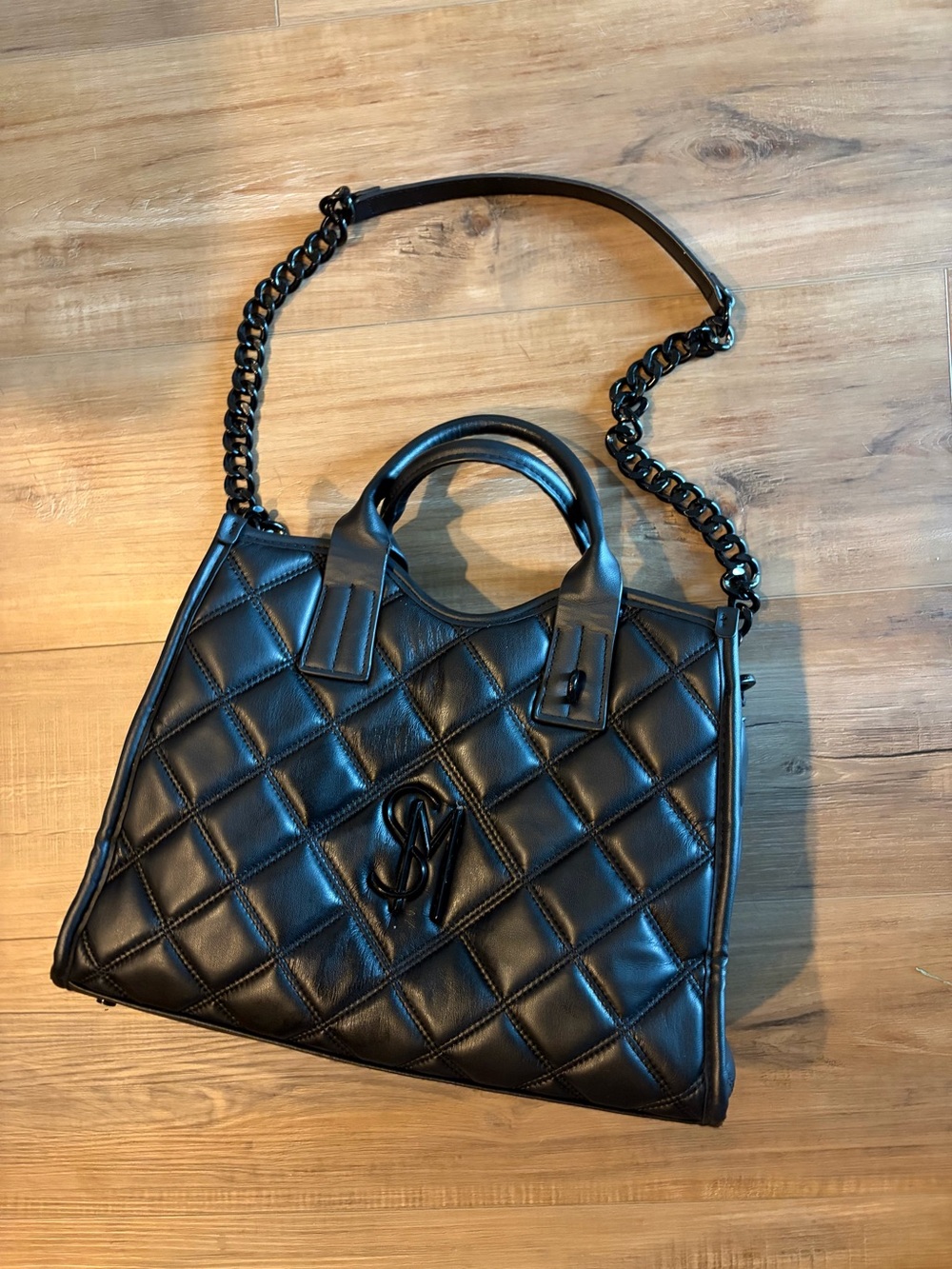 Steve Madden Black Quilted Leather Tote Handbag with Chain Strap